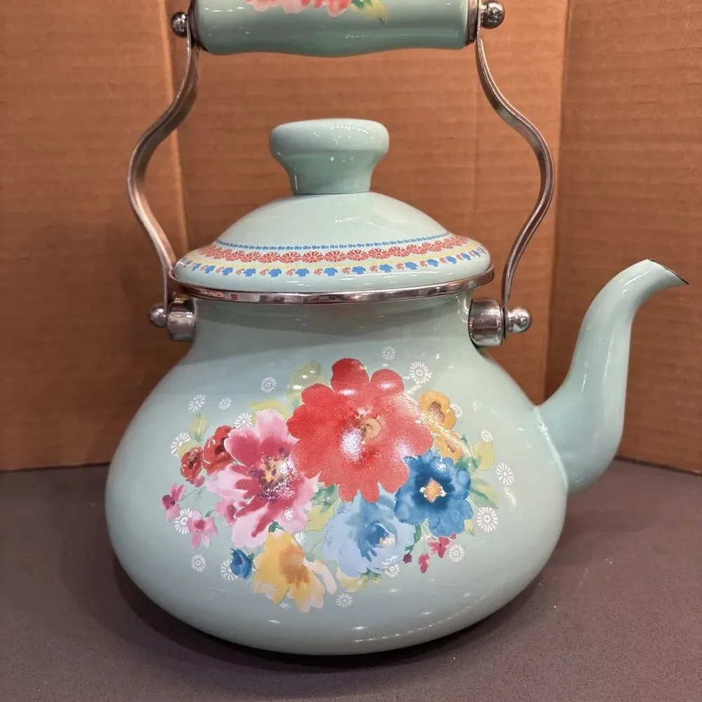 Teapot Pioneer Woman Breezy Blossom Enamel Steel 1.9 Qt Stovetop Tea Kettle - Picture 2 of 16